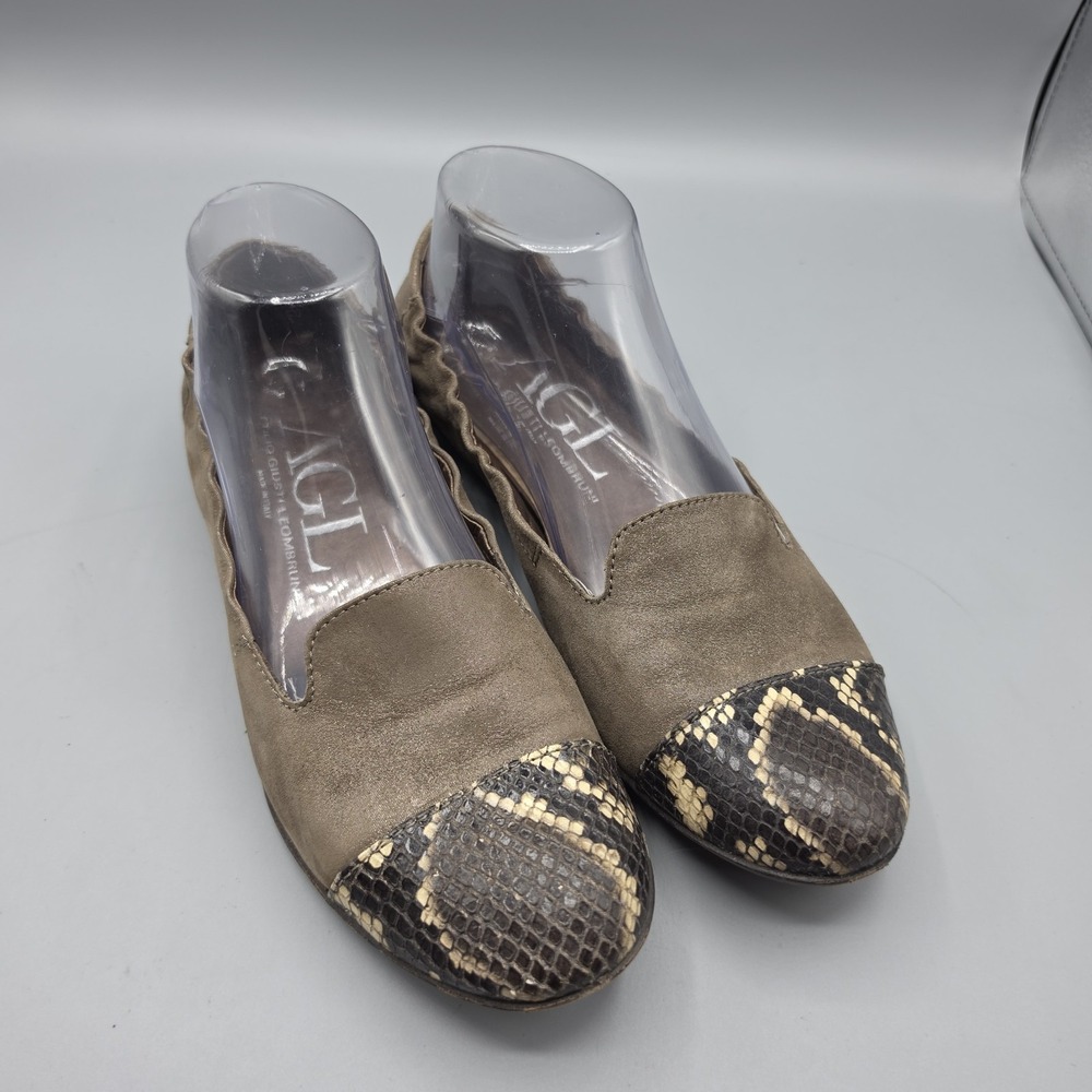 AGL Shoes Womens 38.5 Brown Leather Loafers Flats Snake Print Cap Toe Designer